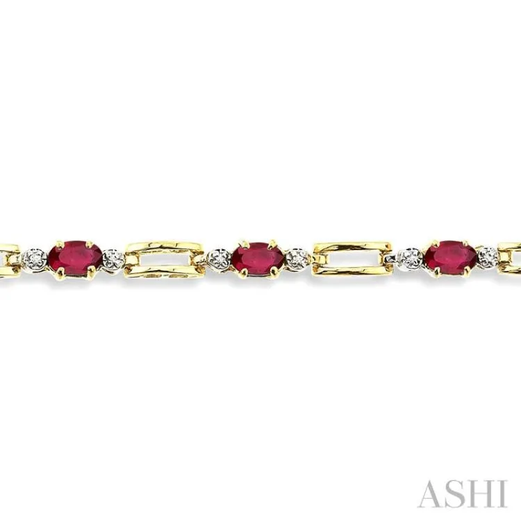 1/10 Ctw Round Cut Diamond & 5x3MM Oval Cut Ruby Precious  Bracelet in 10K Yellow Gold