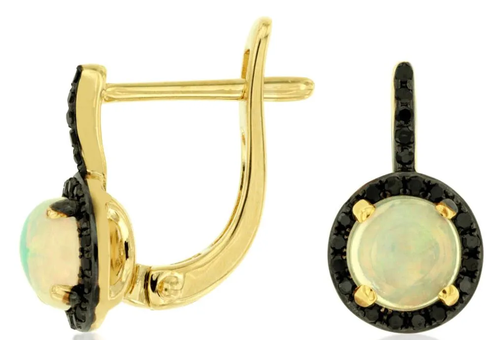 1.18CT BLACK DIAMOND & AAA OPAL 14KT YELLOW GOLD HALO LEVERBACK HANGING EARRINGS