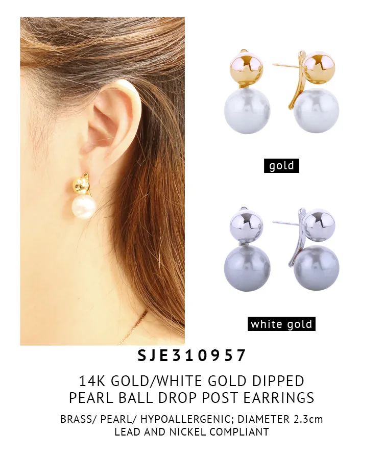 14K Gold Dipped Pearl Ball Drop Post Earrings