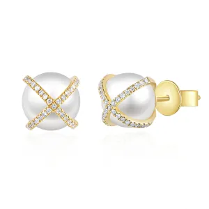 14K Yellow Gold Diamond X   Pearl Earrings