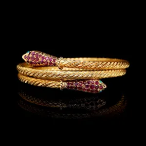 18K Yellow Gold Estate Ruby and Turquoise Snake Head Coil Bracelet