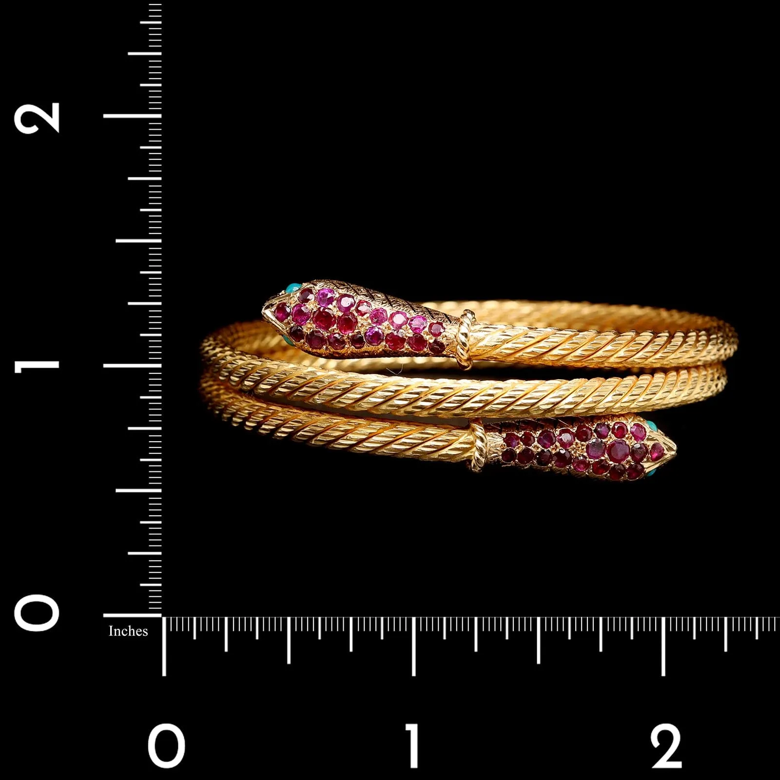 18K Yellow Gold Estate Ruby and Turquoise Snake Head Coil Bracelet