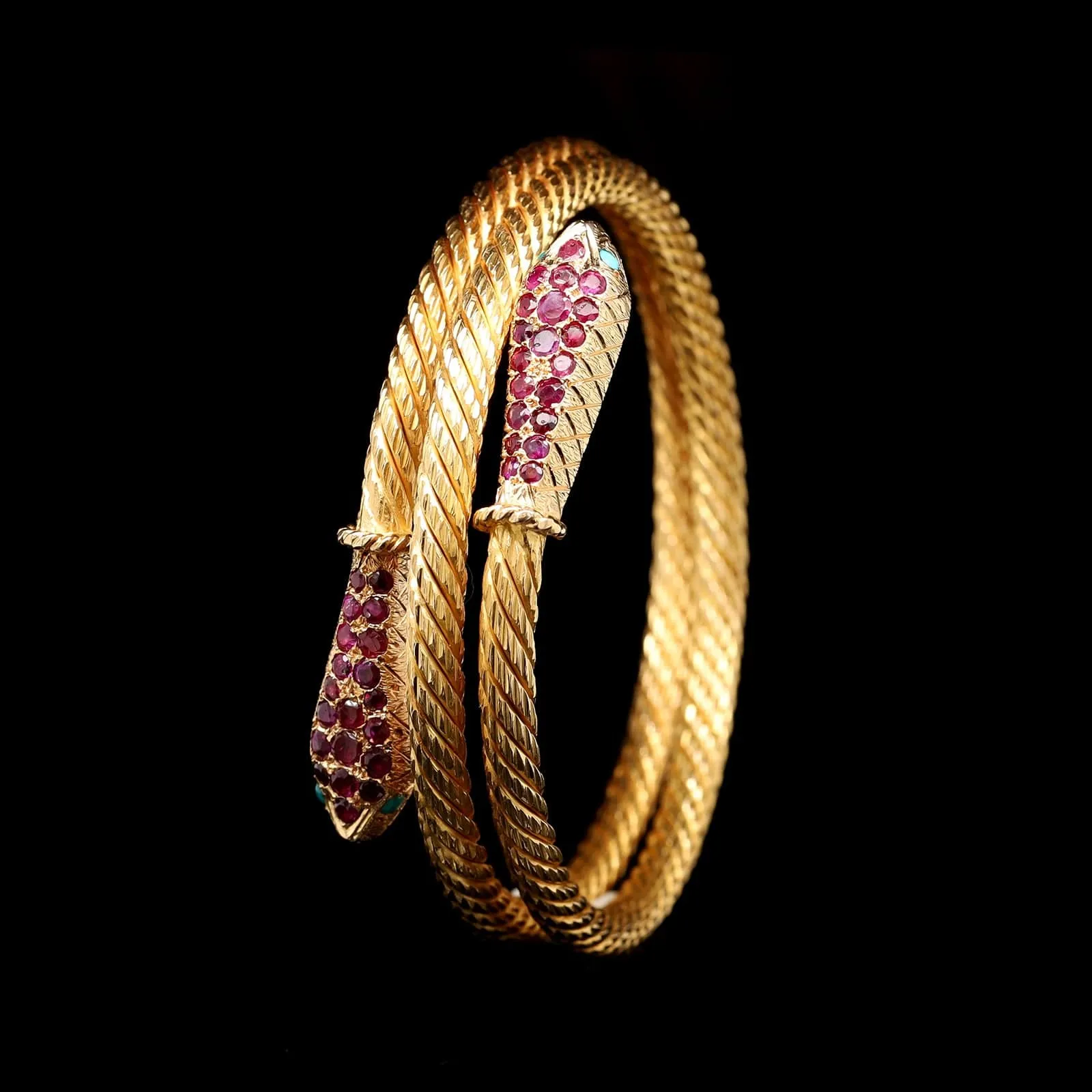 18K Yellow Gold Estate Ruby and Turquoise Snake Head Coil Bracelet