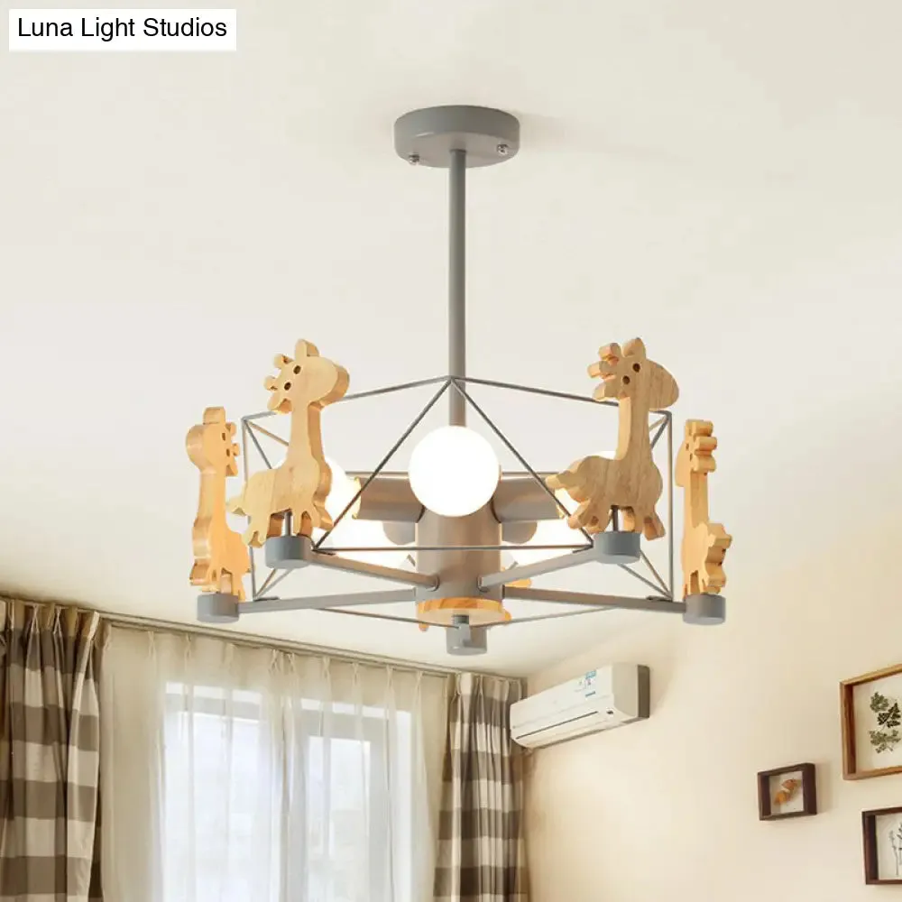 6-Head Macaron Caged Suspension Light with Wooden Deer Decor - Kids Bedroom Chandelier