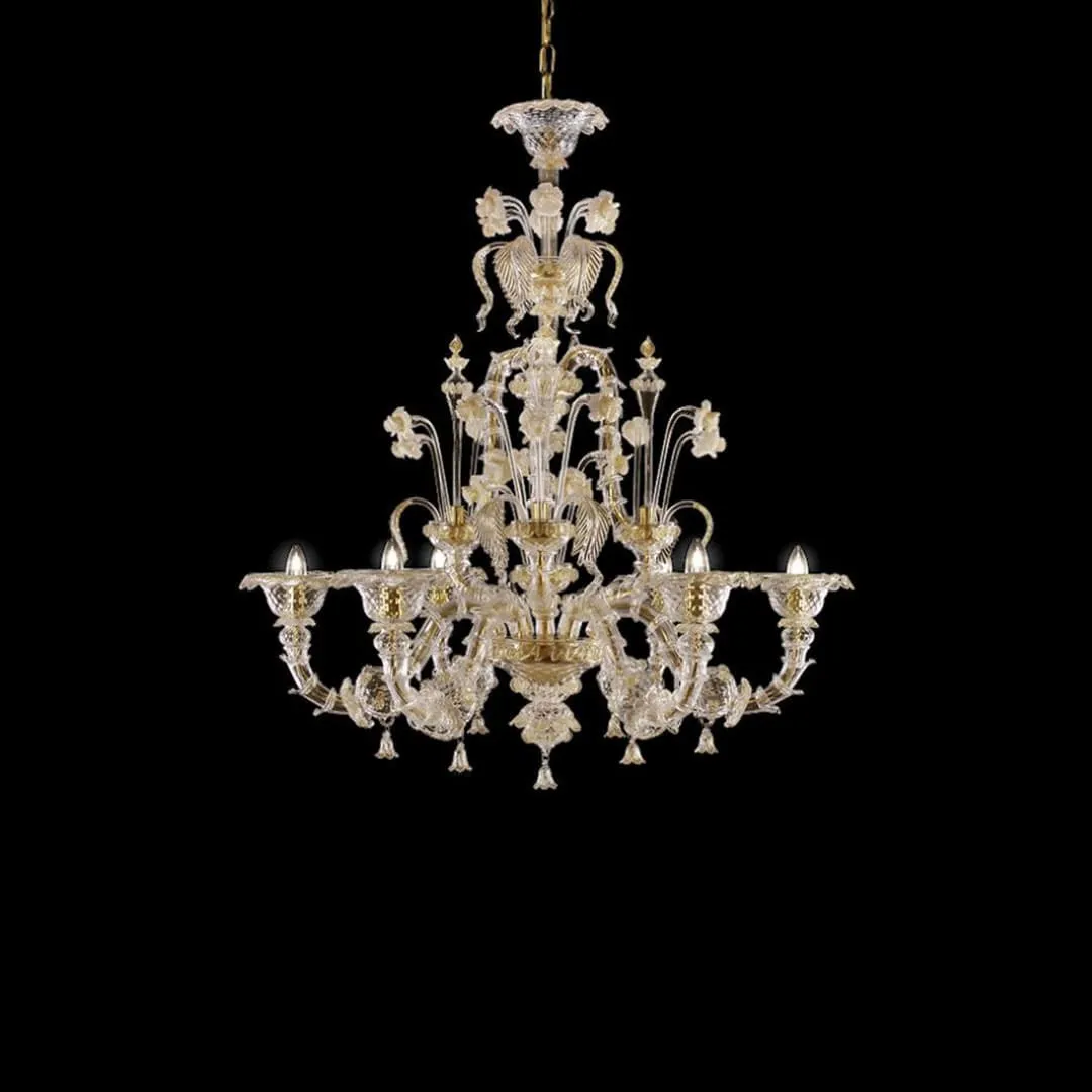 6 Light Rezzonico Style Murano Glass Chandelier with Gold Details