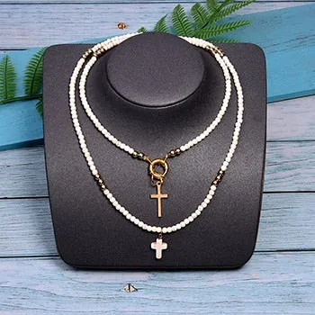 85 cm long women's cross pendant necklace fashion color beads boho double statement women's necklace direct sales