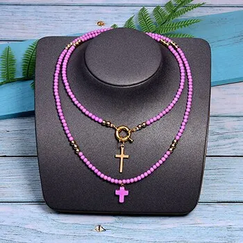 85 cm long women's cross pendant necklace fashion color beads boho double statement women's necklace direct sales