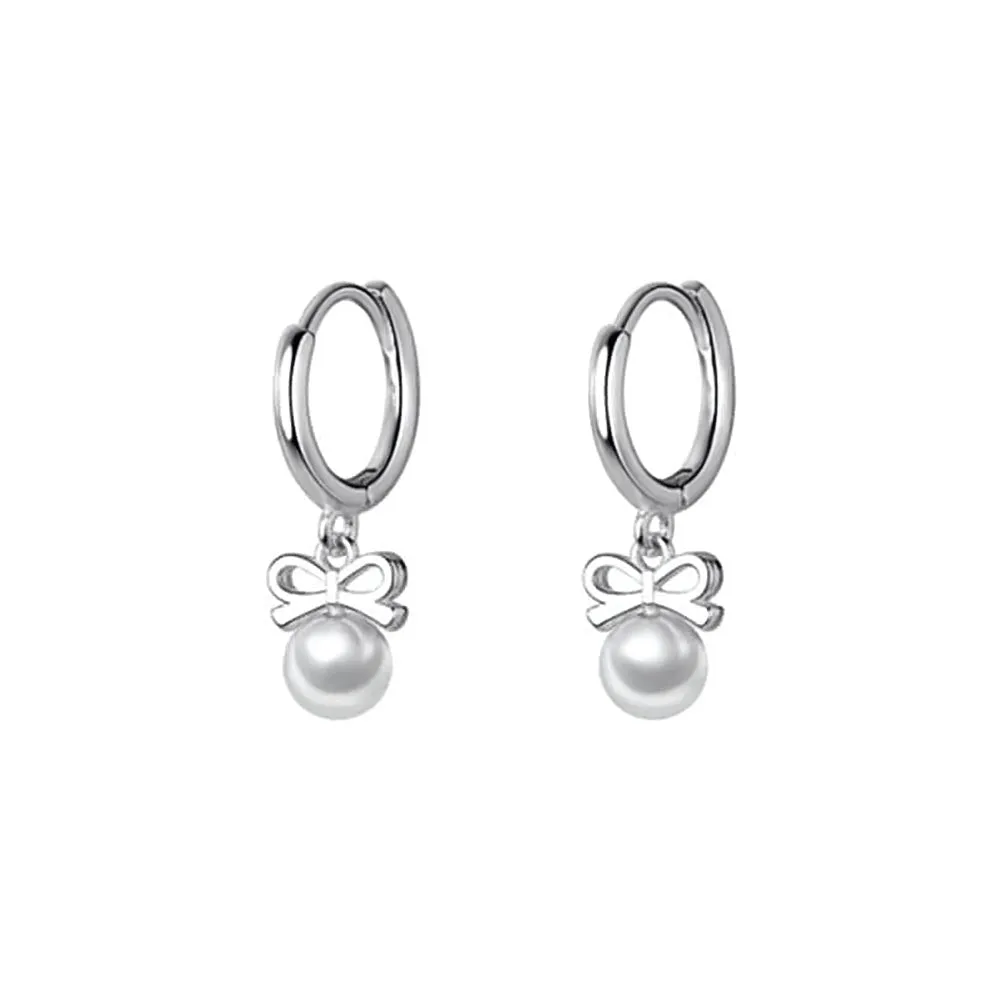 925 Silver Bow Pearl Huggie Earrings