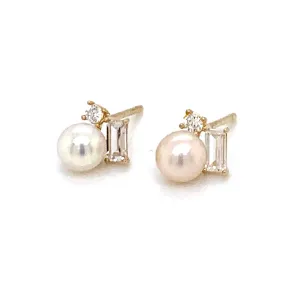 9ct Yellow Gold Freshwater Pearl & Cz Earrings