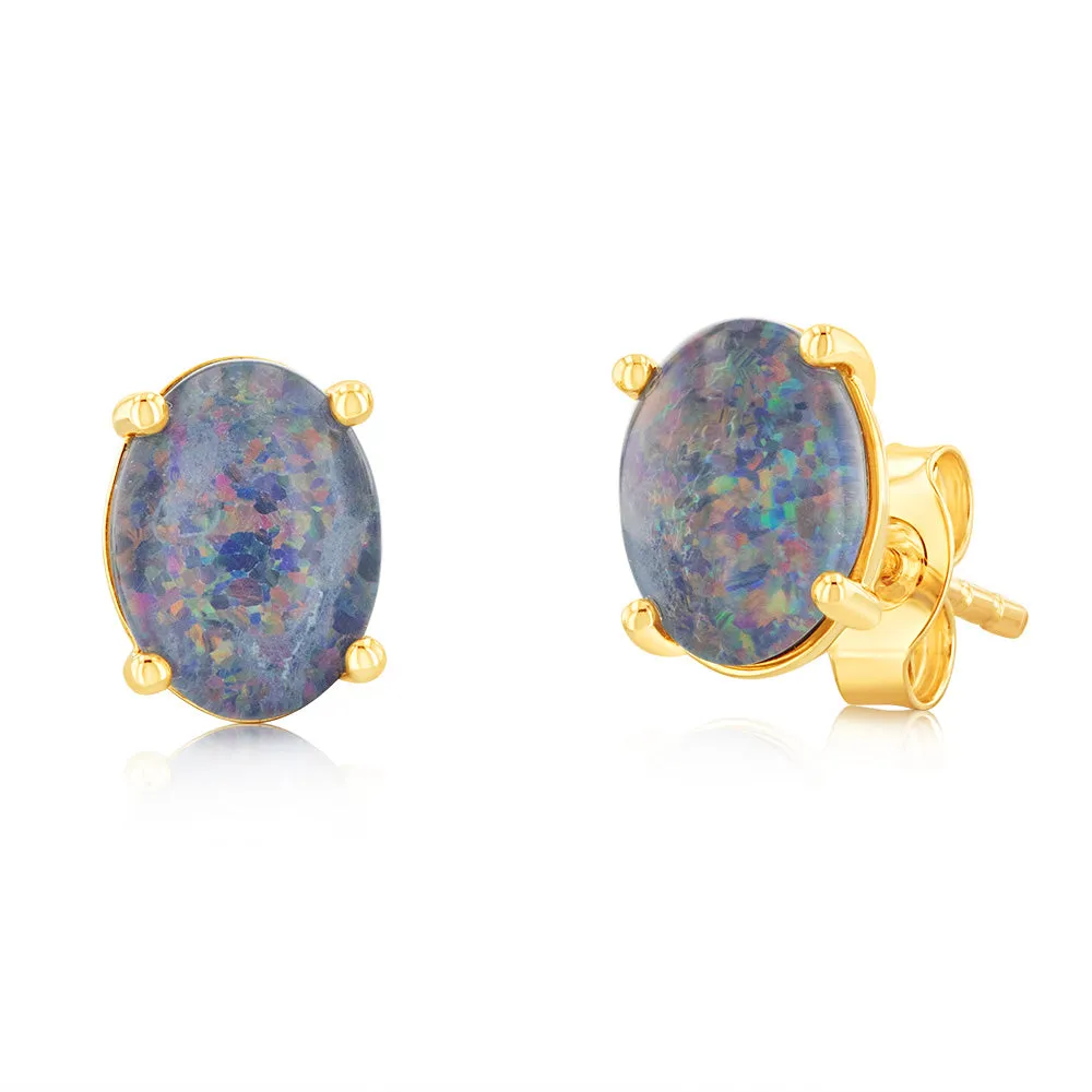 9ct Yellow Gold Triplet Opal 8x6mm Studs