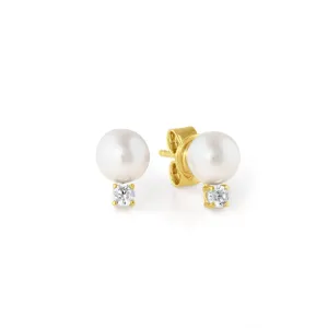 Accented Pearl Stud Earrings Finished in 18kt Yellow Gold