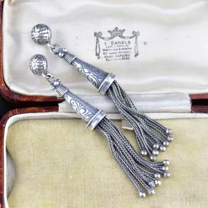 Antique Albertina Silver Tassel Fob Stud Drop Earrings