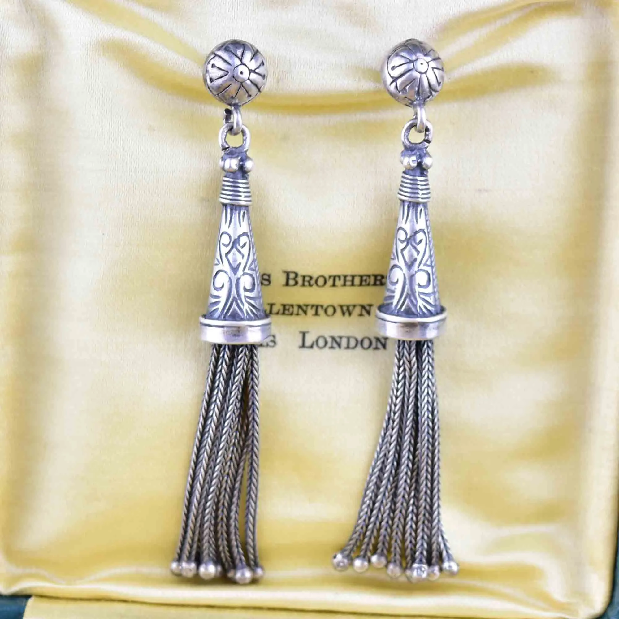 Antique Albertina Silver Tassel Fob Stud Drop Earrings