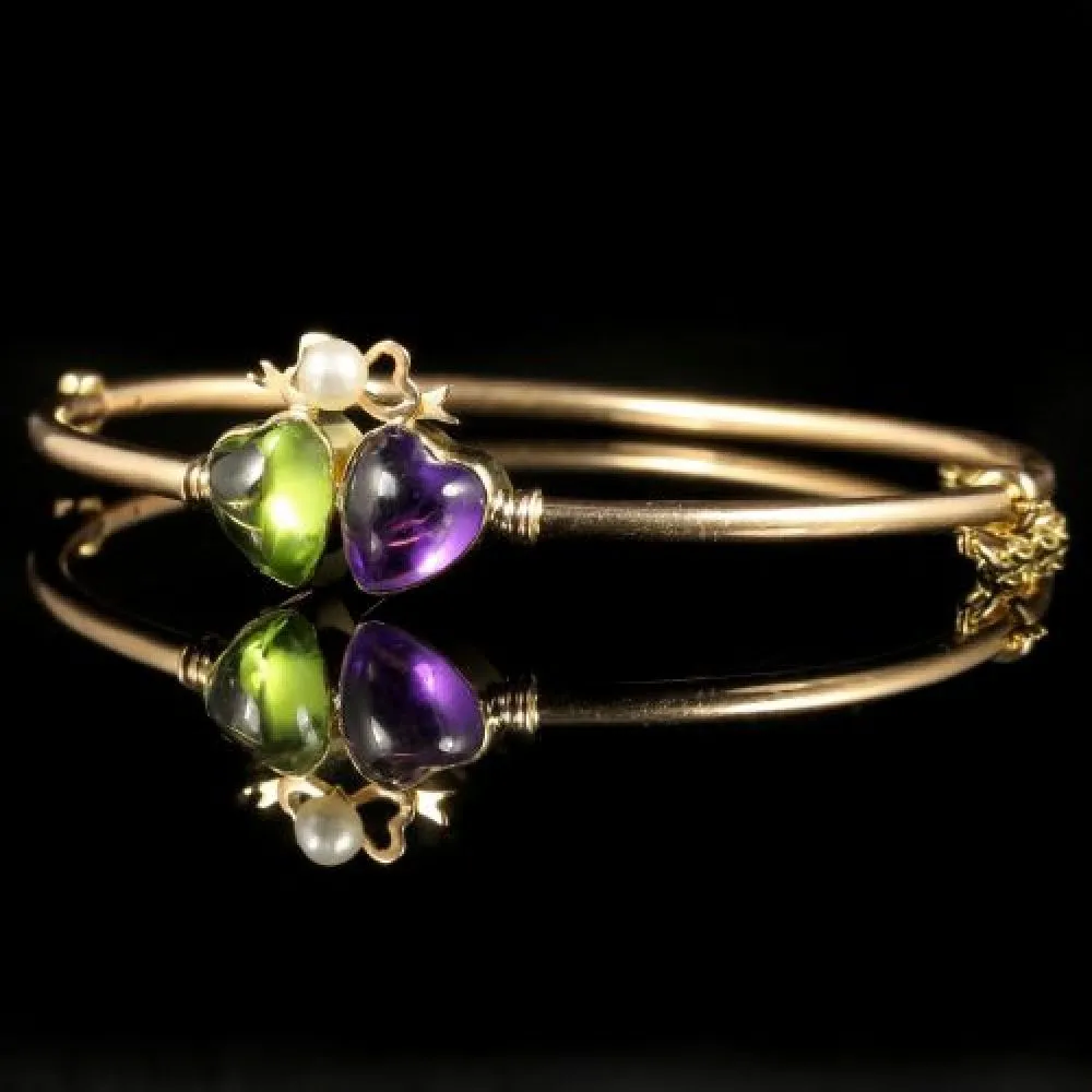 Antique Victorian Suffragette Double Heart Bangle 18ct Gold