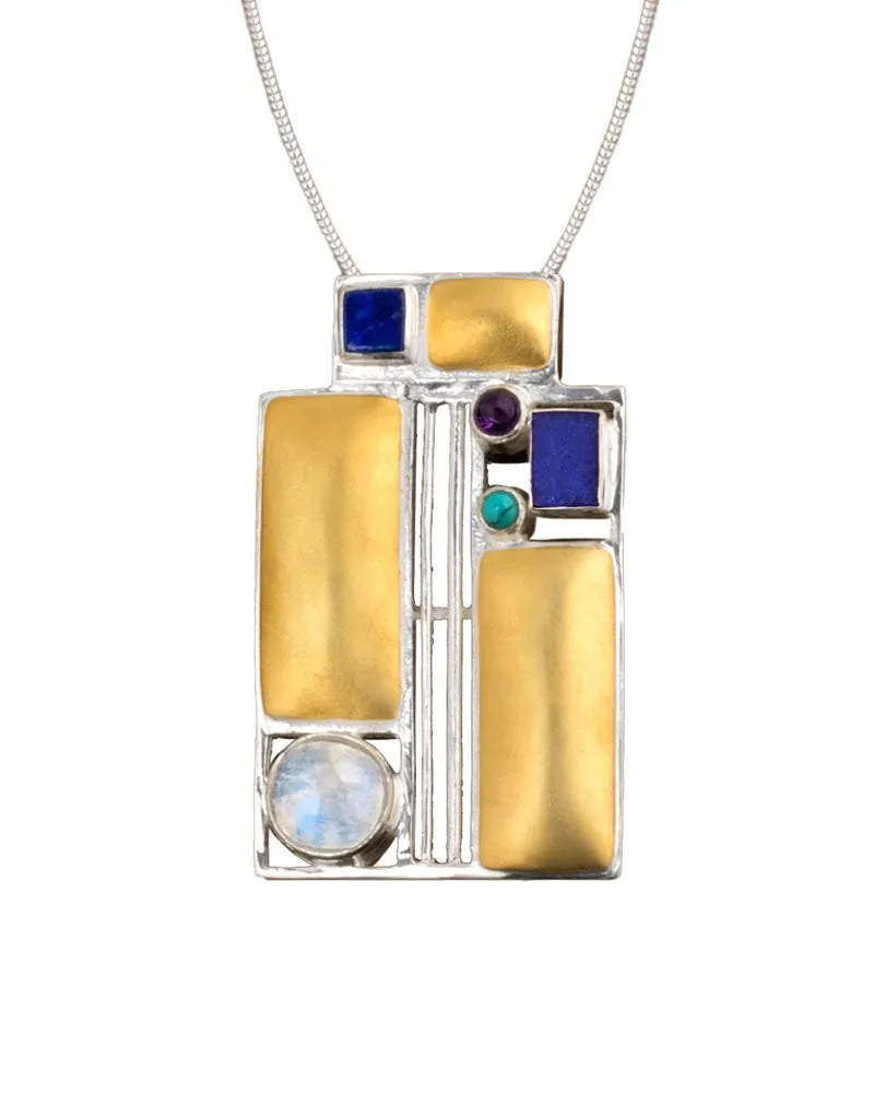 Art & Design Josef Hoffmann Vienna Pendant Necklace with Moonstone, Iolite & Turquoise