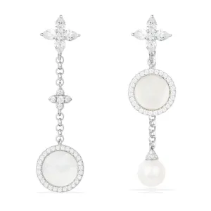 Asymmetric White Nacre and Pearl Drop Earrings - White Silver