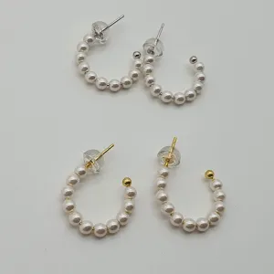 Bead Pearl Hoops Earrings, Sterling Silver