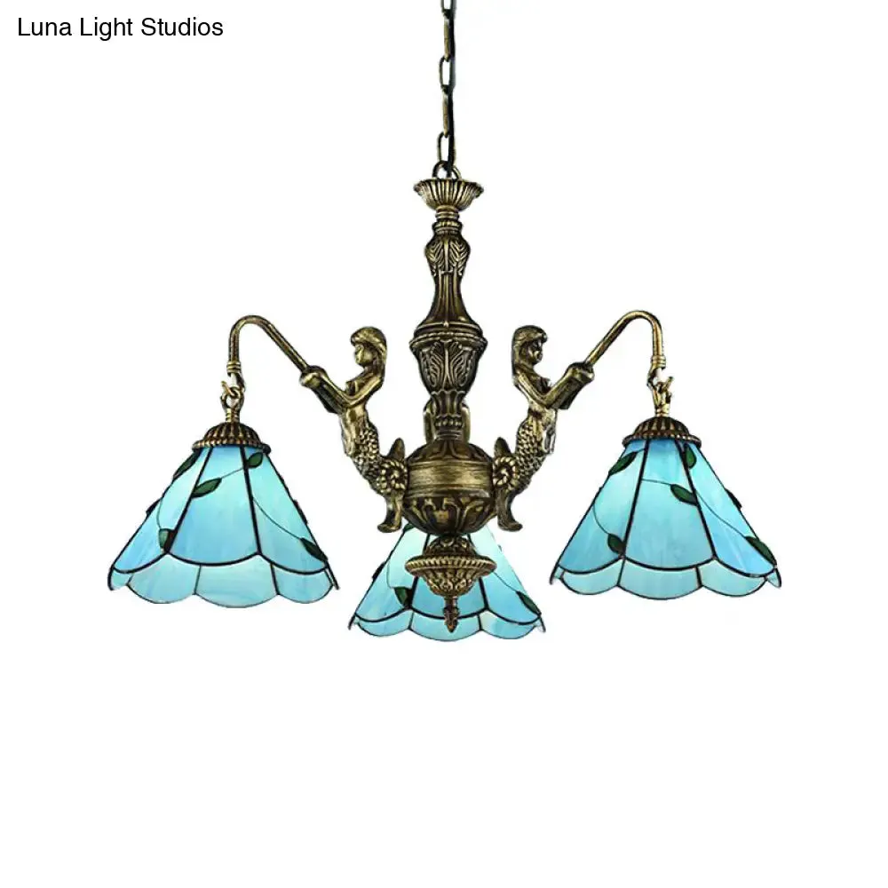 Blue Tiffany Stained Glass Chandelier with 3/5 Lights & Mermaid Design