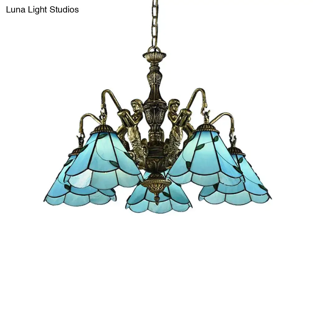 Blue Tiffany Stained Glass Chandelier with 3/5 Lights & Mermaid Design