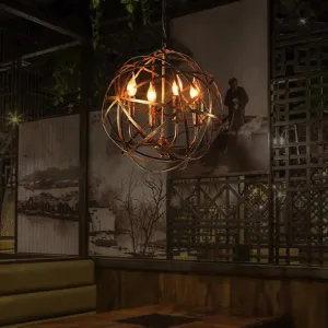 Bronze Cage Chandelier with 4 Globe Lights for Restaurant Ceiling