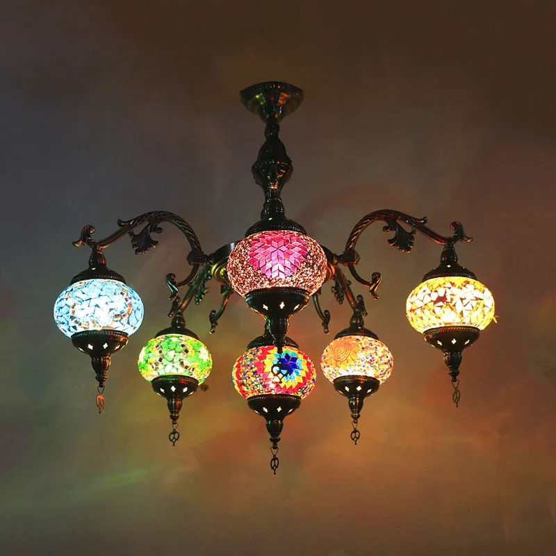 Bronze Stained Glass Chandelier: Oval 6-Head Traditional Suspension Light