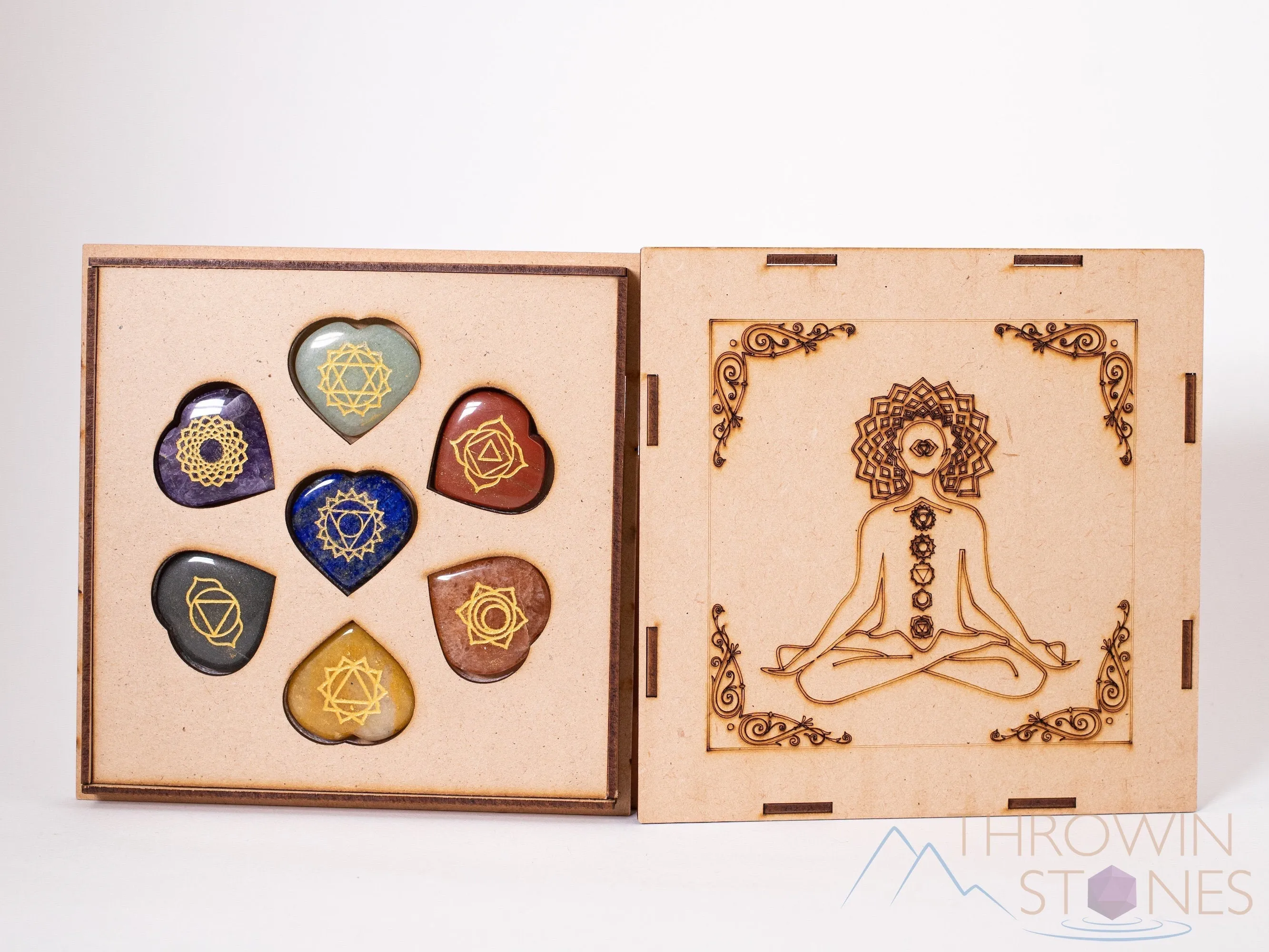 CHAKRA Crystals in Crystal Grid Board Wooden Box - Buddha Yoga - Healing Crystals Set, Self Care Box, Beginner Crystal Kit, E1754