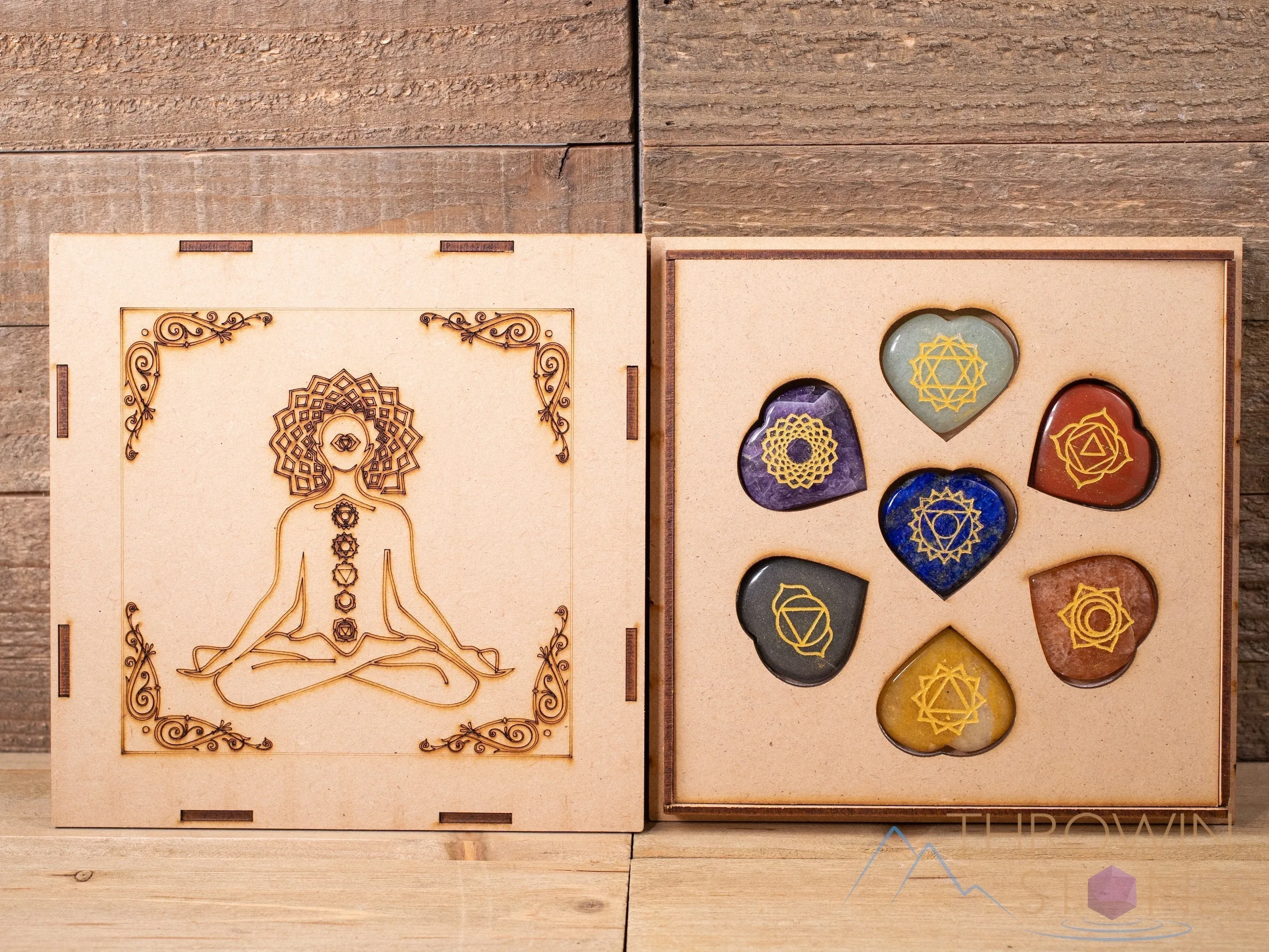 CHAKRA Crystals in Crystal Grid Board Wooden Box - Buddha Yoga - Healing Crystals Set, Self Care Box, Beginner Crystal Kit, E1754