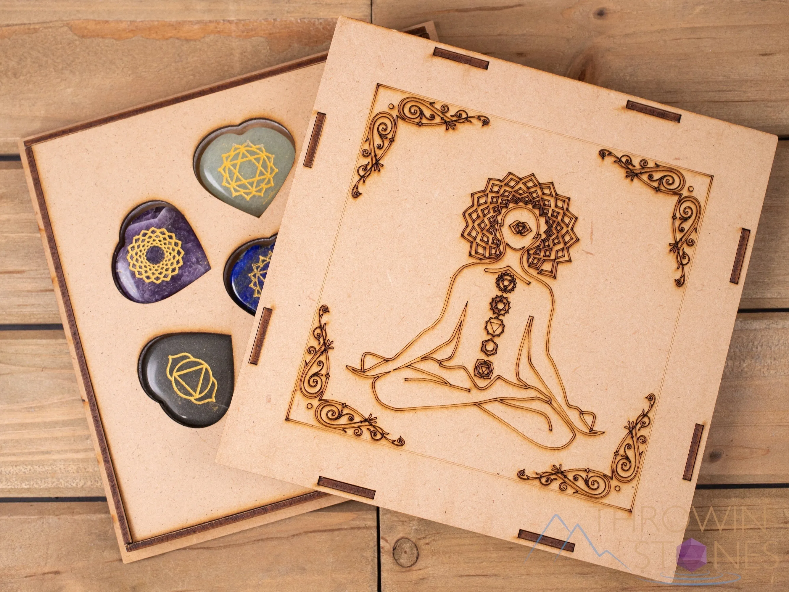 CHAKRA Crystals in Crystal Grid Board Wooden Box - Buddha Yoga - Healing Crystals Set, Self Care Box, Beginner Crystal Kit, E1754