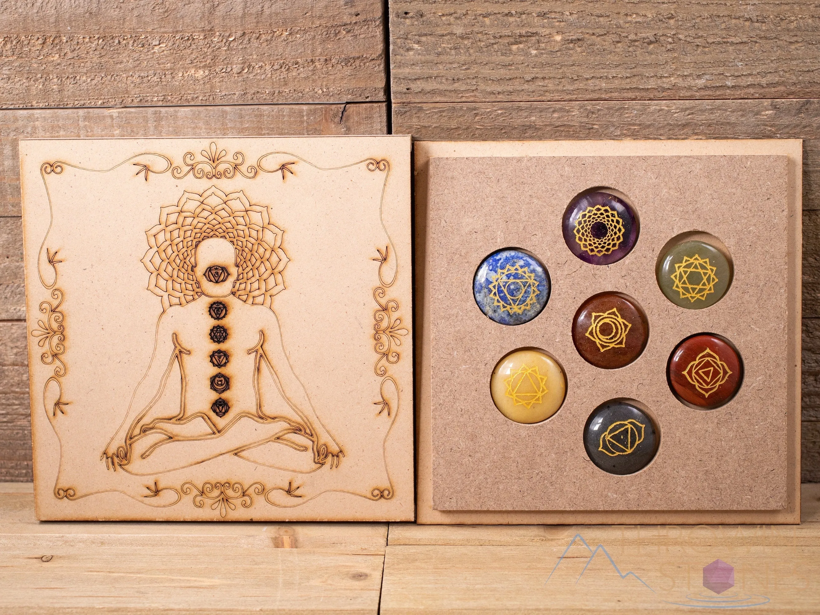 CHAKRA Crystals in Crystal Grid Board Wooden Box - Buddha Yoga - Healing Crystals Set, Self Care Box, Beginner Crystal Kit, E1754