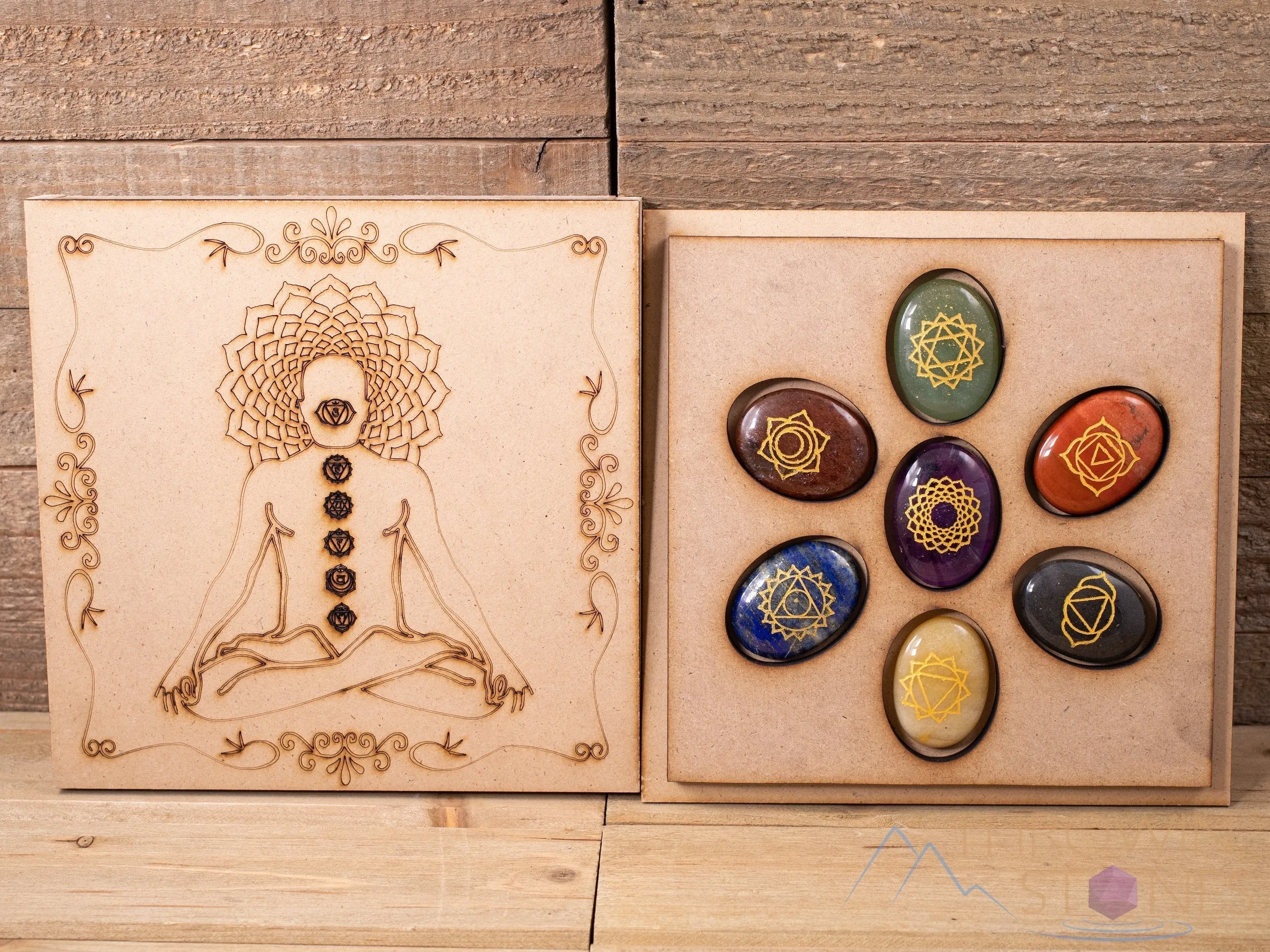 CHAKRA Crystals in Crystal Grid Board Wooden Box - Buddha Yoga - Healing Crystals Set, Self Care Box, Beginner Crystal Kit, E1754