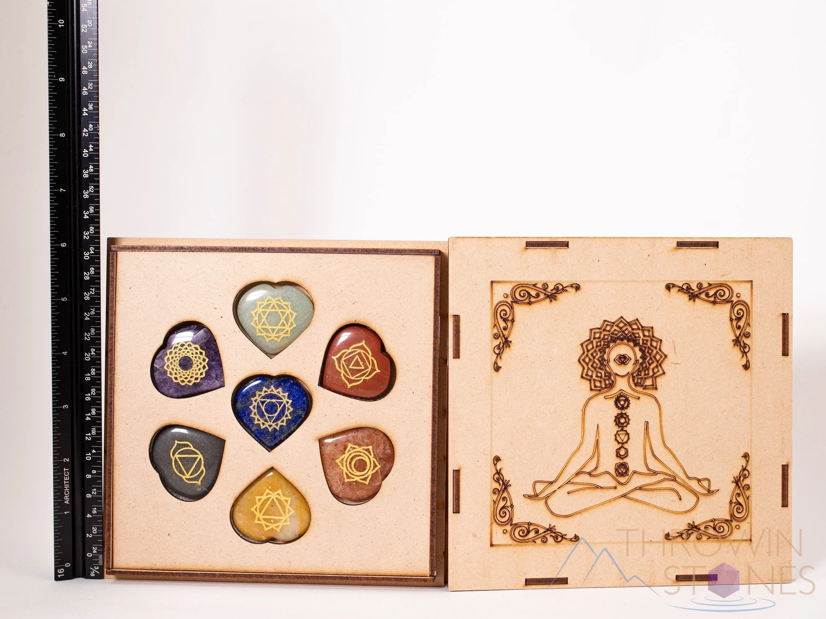 CHAKRA Crystals in Crystal Grid Board Wooden Box - Buddha Yoga - Healing Crystals Set, Self Care Box, Beginner Crystal Kit, E1754