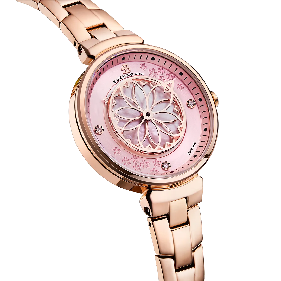 Cherry Blossom 32mm Champagne Gold Mother Of Pearl Dial Sakura Petal Hand Rose Gold Bracelet Watch