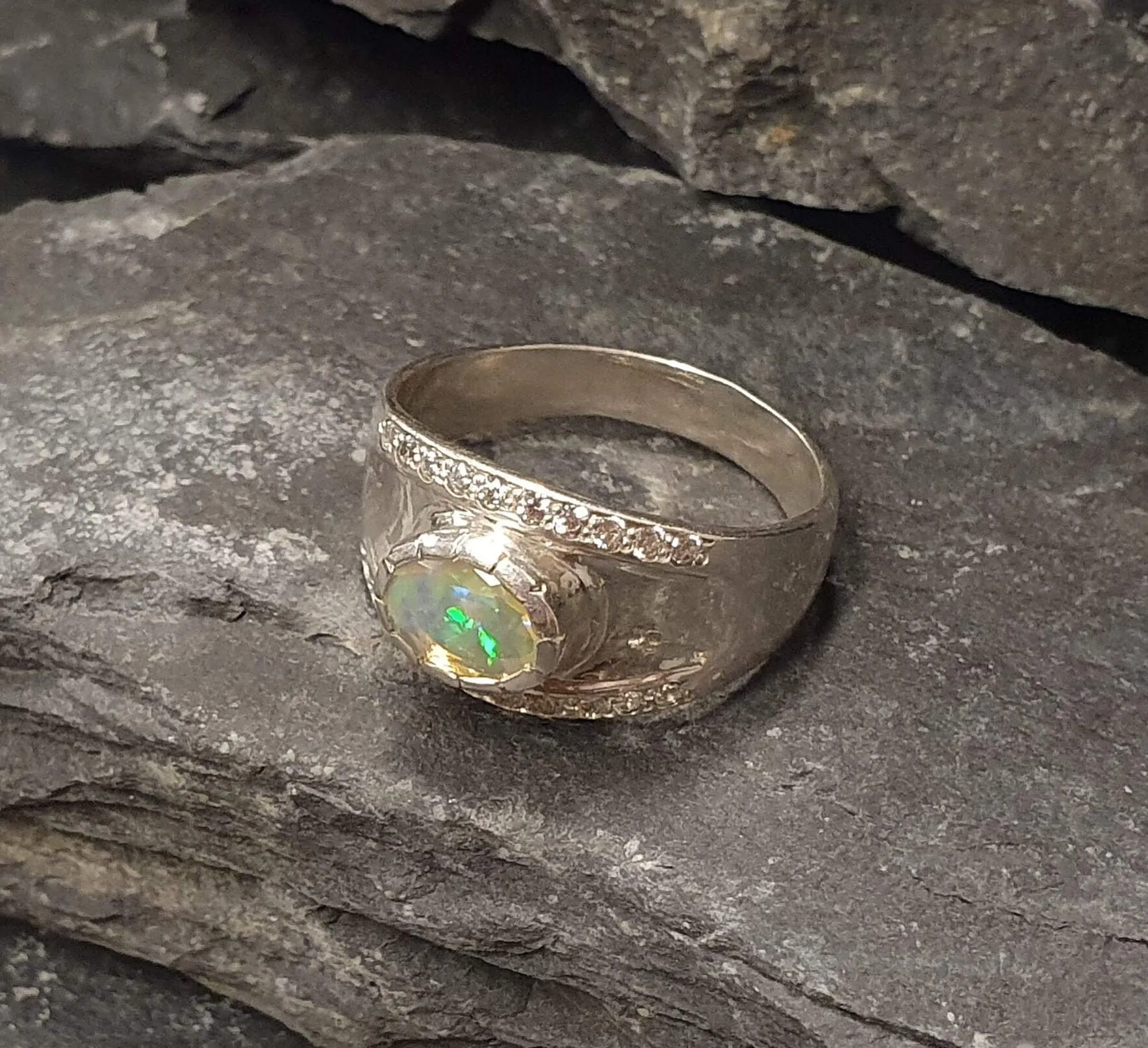 Chunky Opal Ring - Fire Opal Ring - Wide Vintage Band