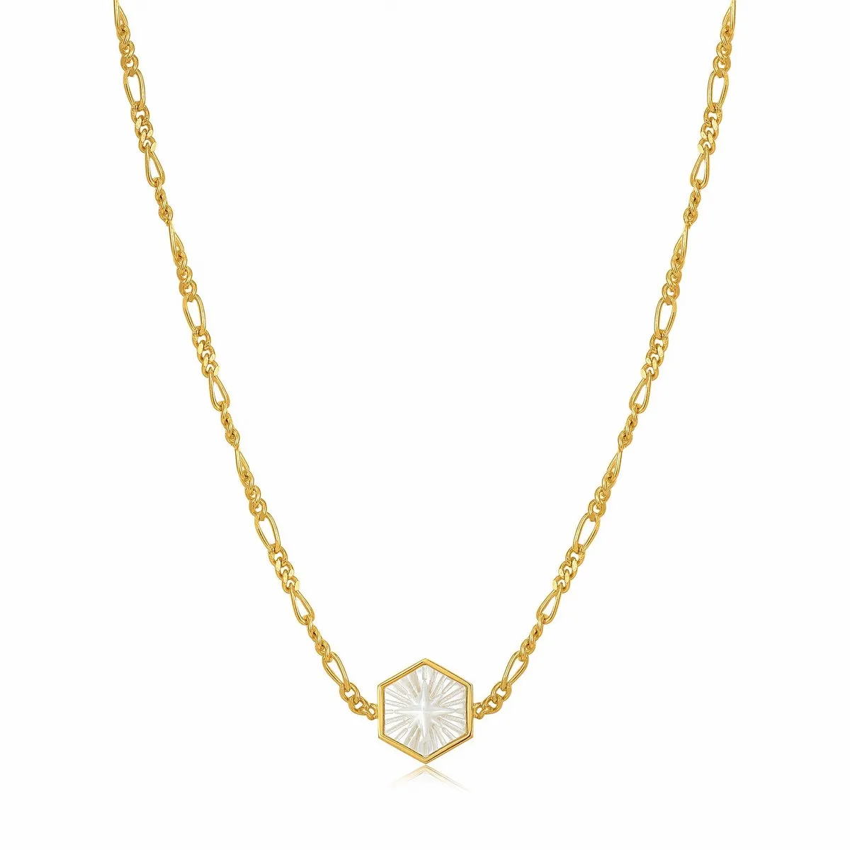 Compass Emblem Gold Figaro Chain Necklace