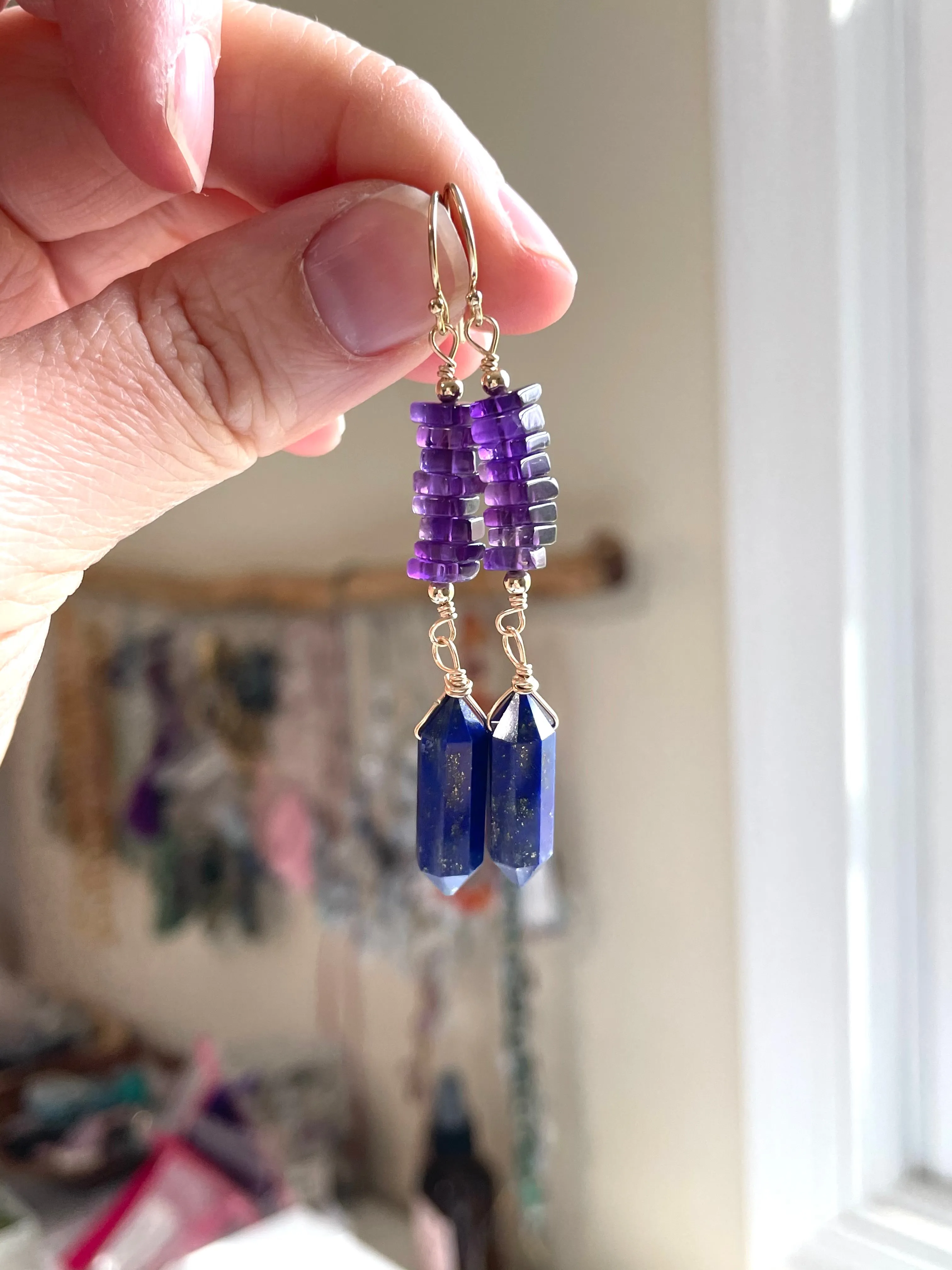 Crystal Earrings - Amethyst and Lapis Gold Filled