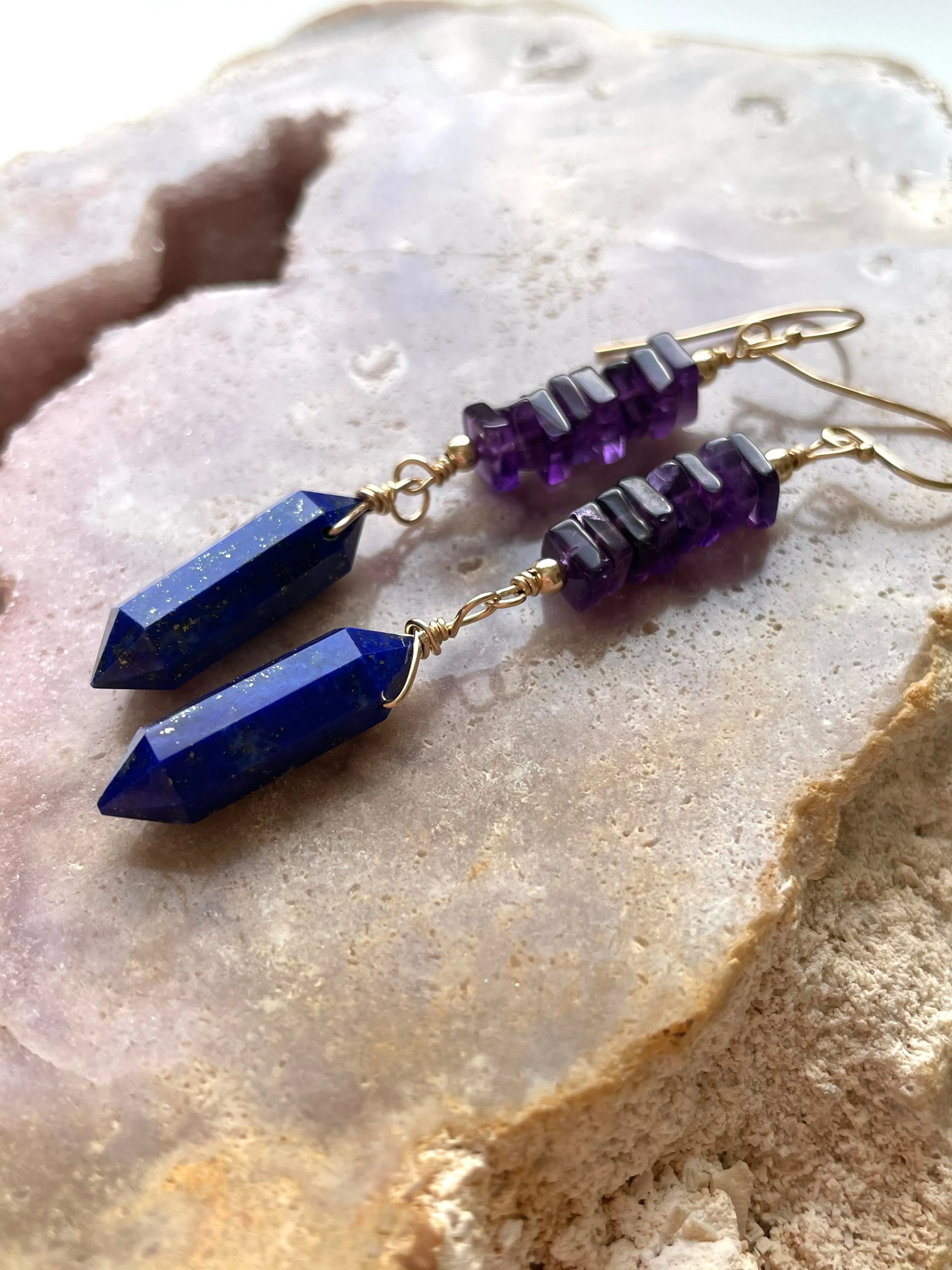 Crystal Earrings - Amethyst and Lapis Gold Filled