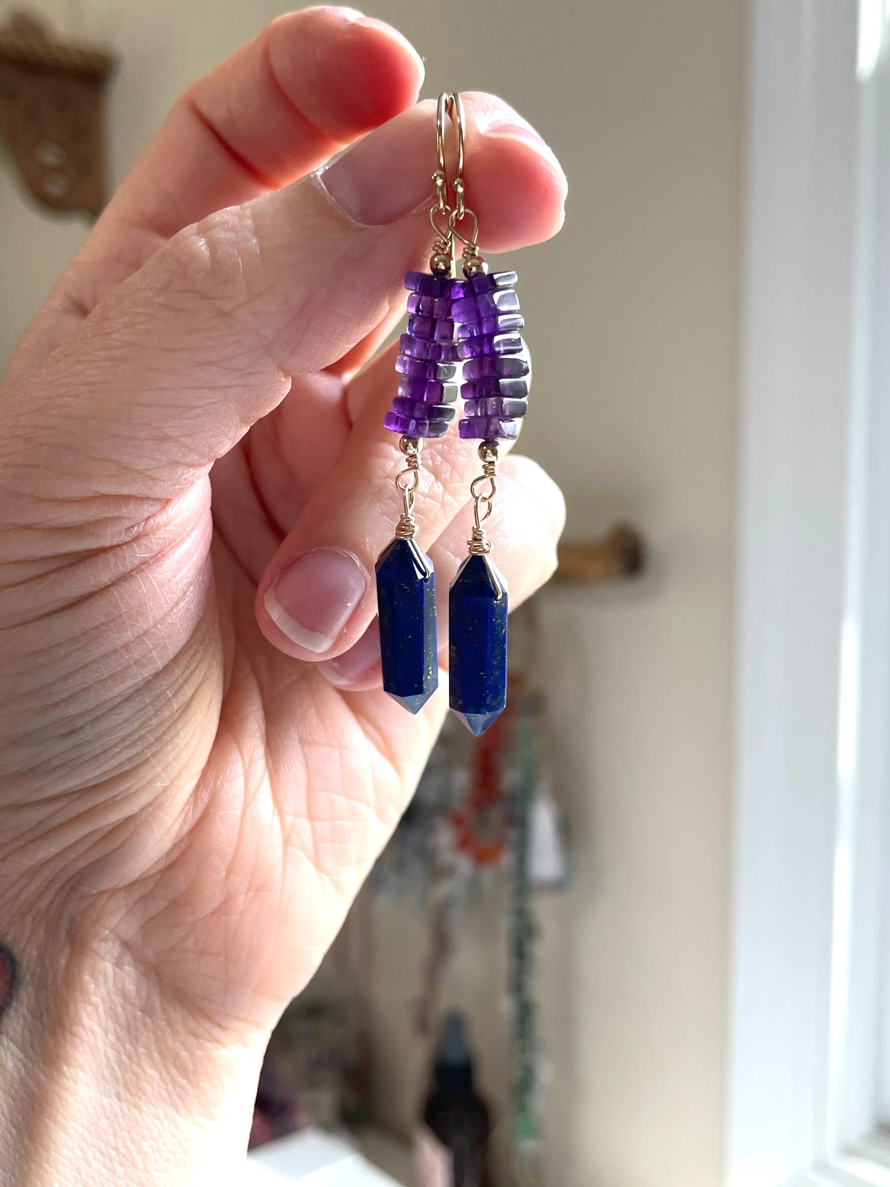 Crystal Earrings - Amethyst and Lapis Gold Filled