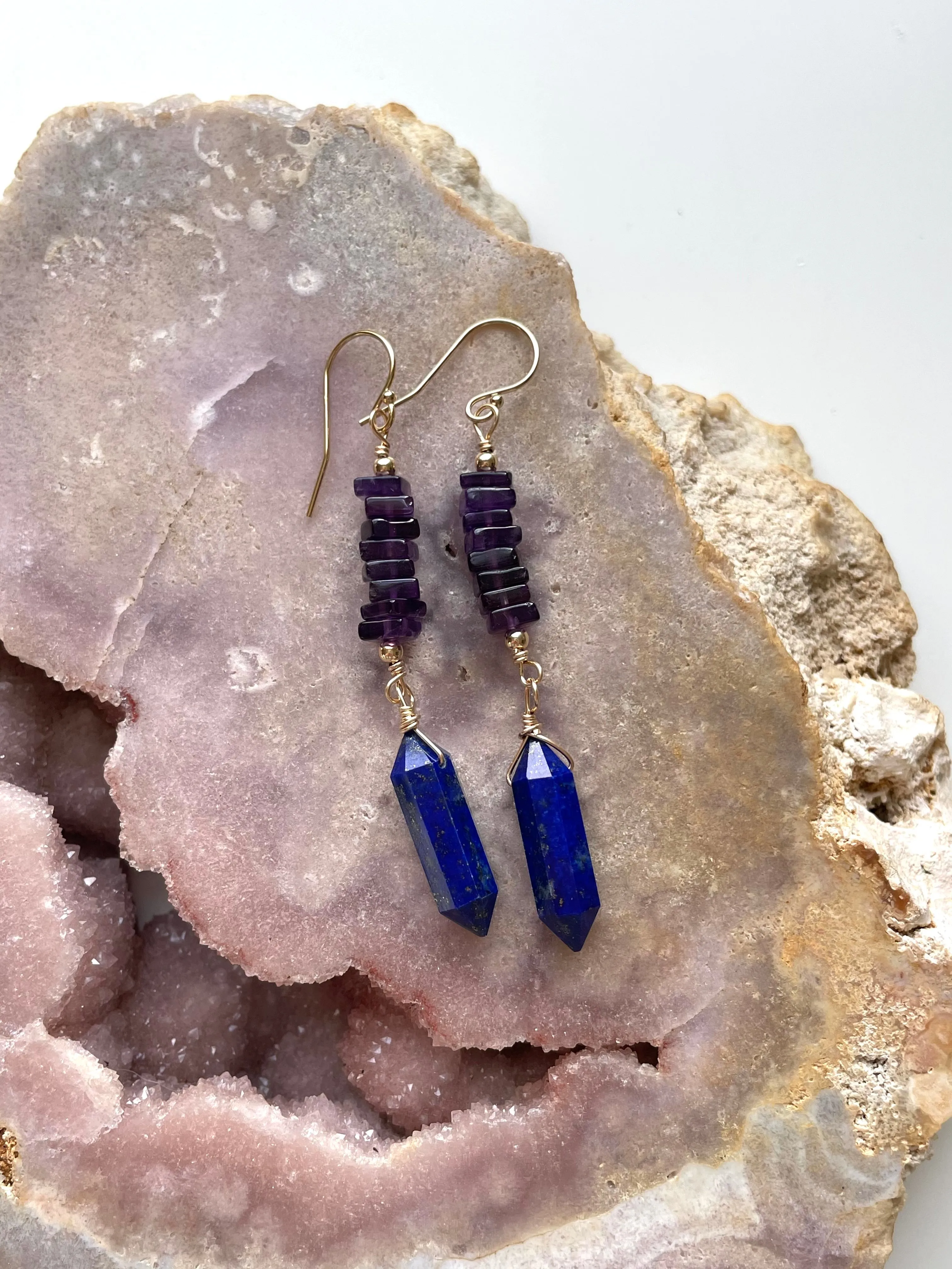 Crystal Earrings - Amethyst and Lapis Gold Filled