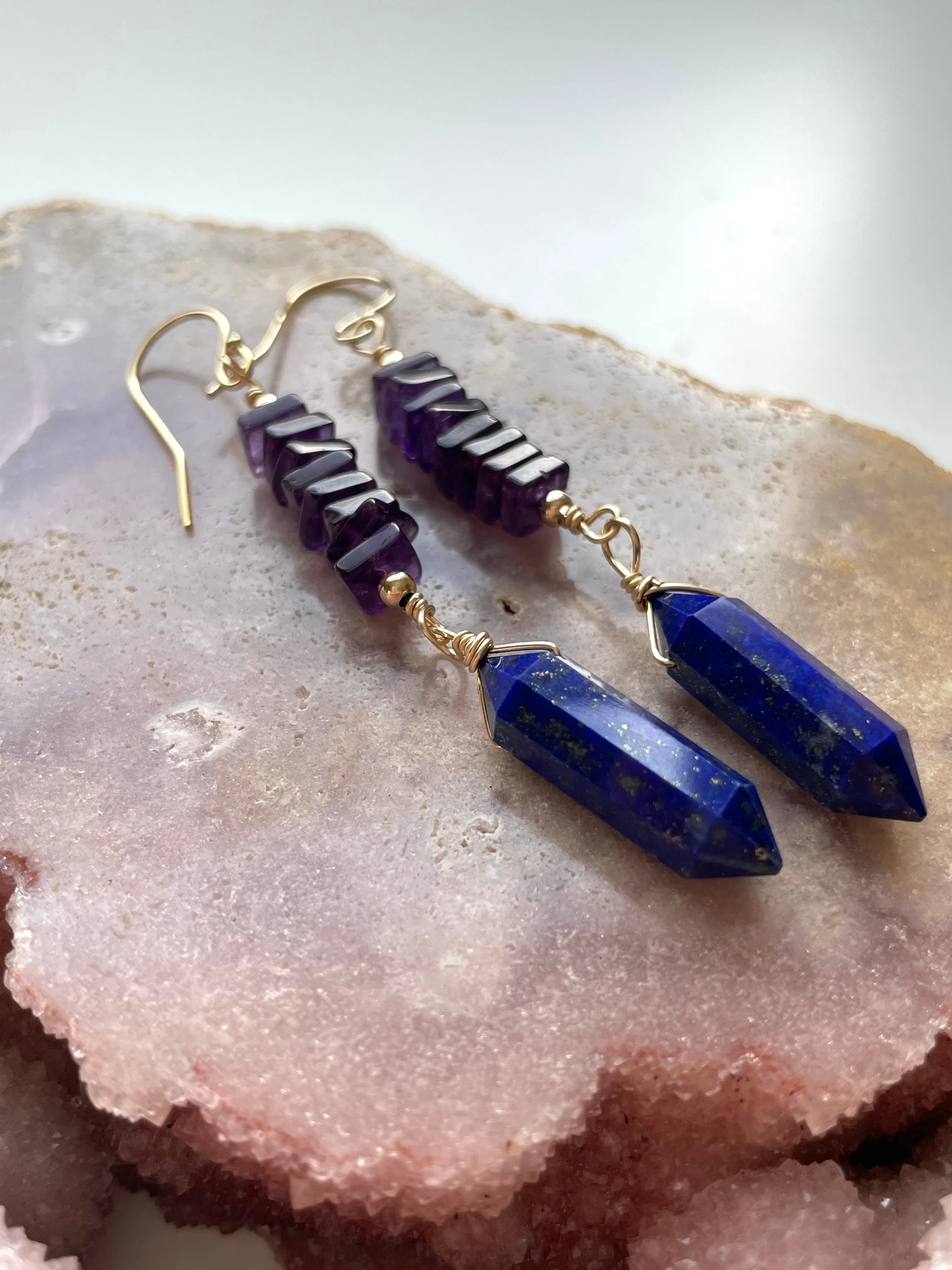 Crystal Earrings - Amethyst and Lapis Gold Filled