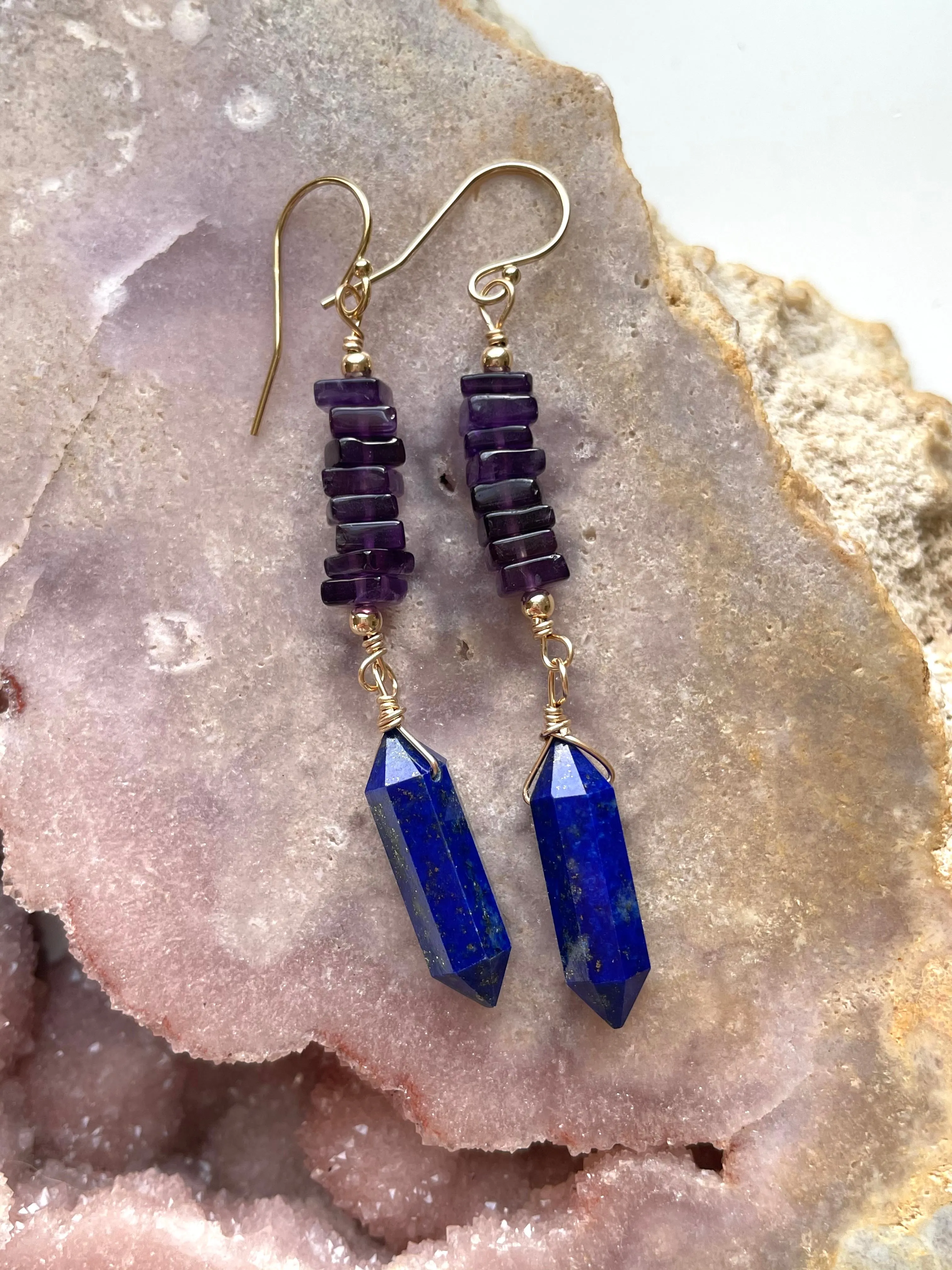 Crystal Earrings - Amethyst and Lapis Gold Filled