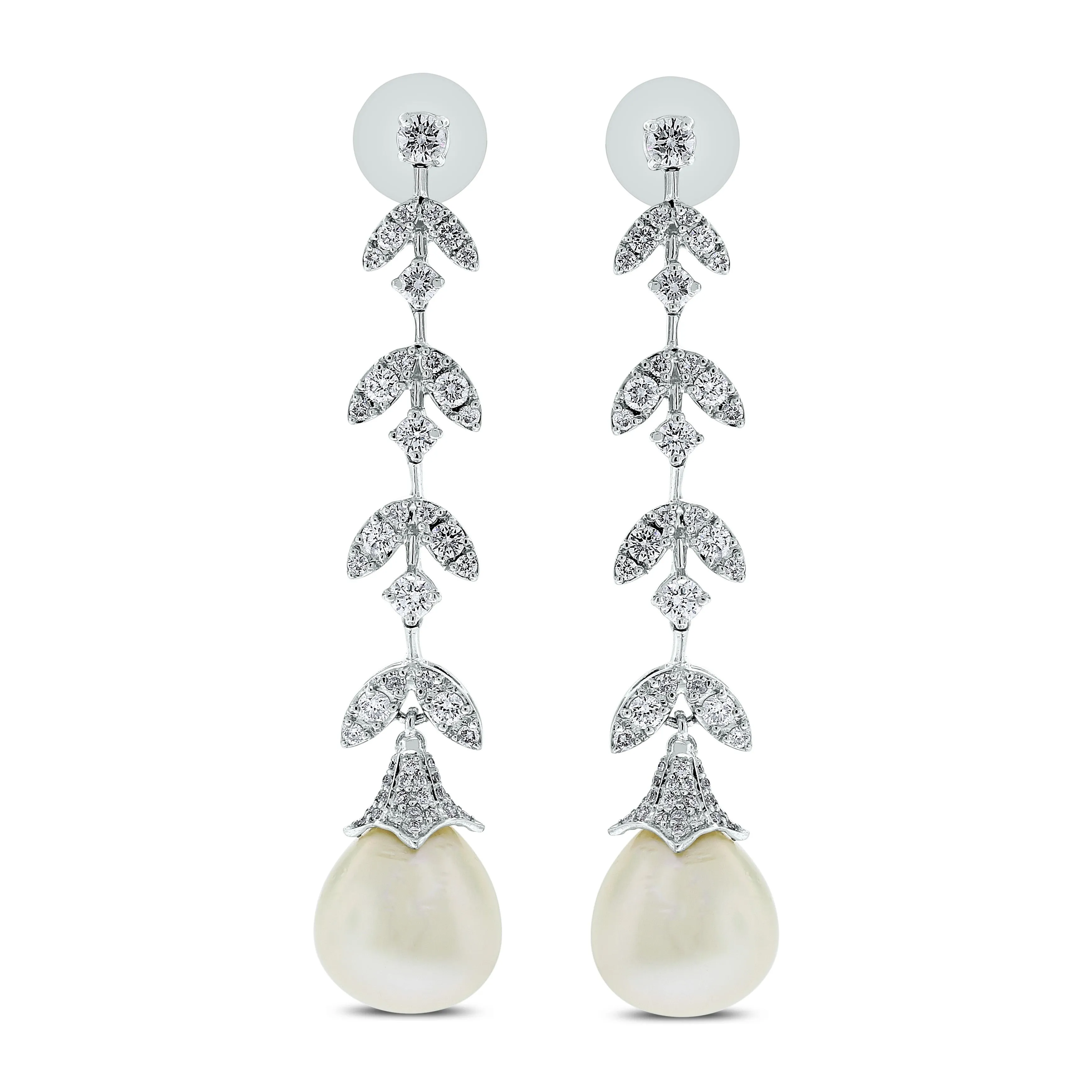 Diamond & Pearl Vines Earrings (35.29 ct Pearls & Diamonds) in White Gold