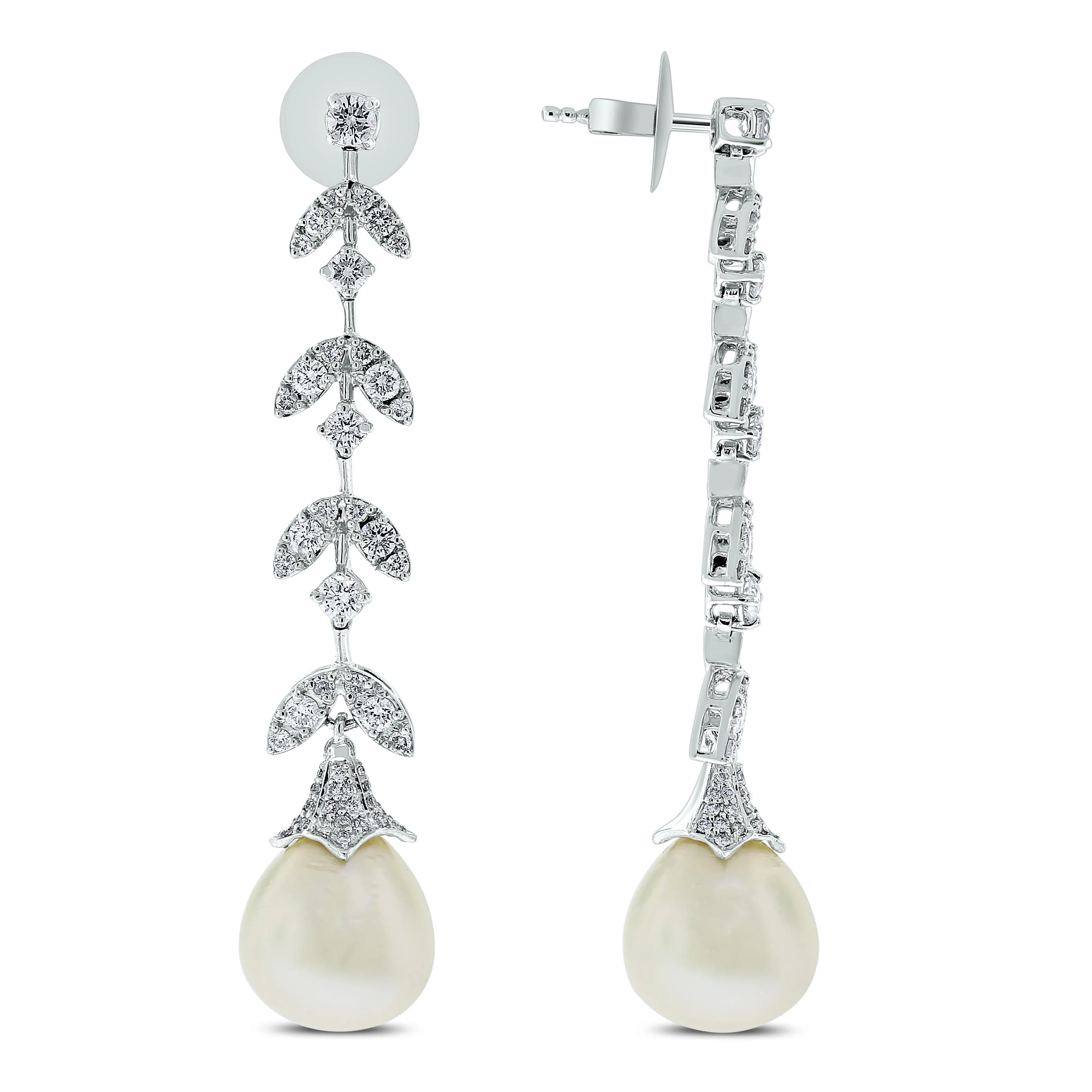 Diamond & Pearl Vines Earrings (35.29 ct Pearls & Diamonds) in White Gold