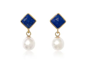 Diamond-Shaped Lapis Stud Earrings with Pearl Drop