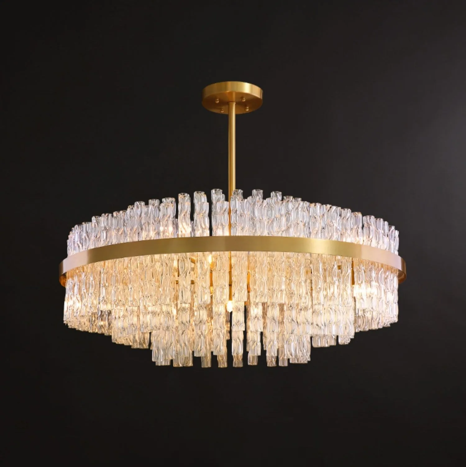 Elegant Brass Crystal Wave Tube Chandelier For Living Room Pure Copper Round Dining Table Ceiling Light/ Lamp