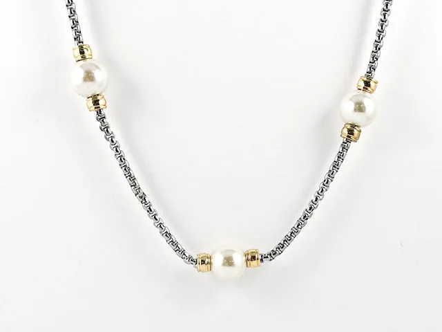 Elegant Long Pearl With Gold Tone Ball Charms Popcorn Chain Brass Necklace