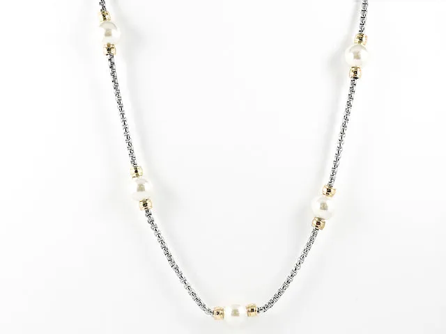 Elegant Long Pearl With Gold Tone Ball Charms Popcorn Chain Brass Necklace