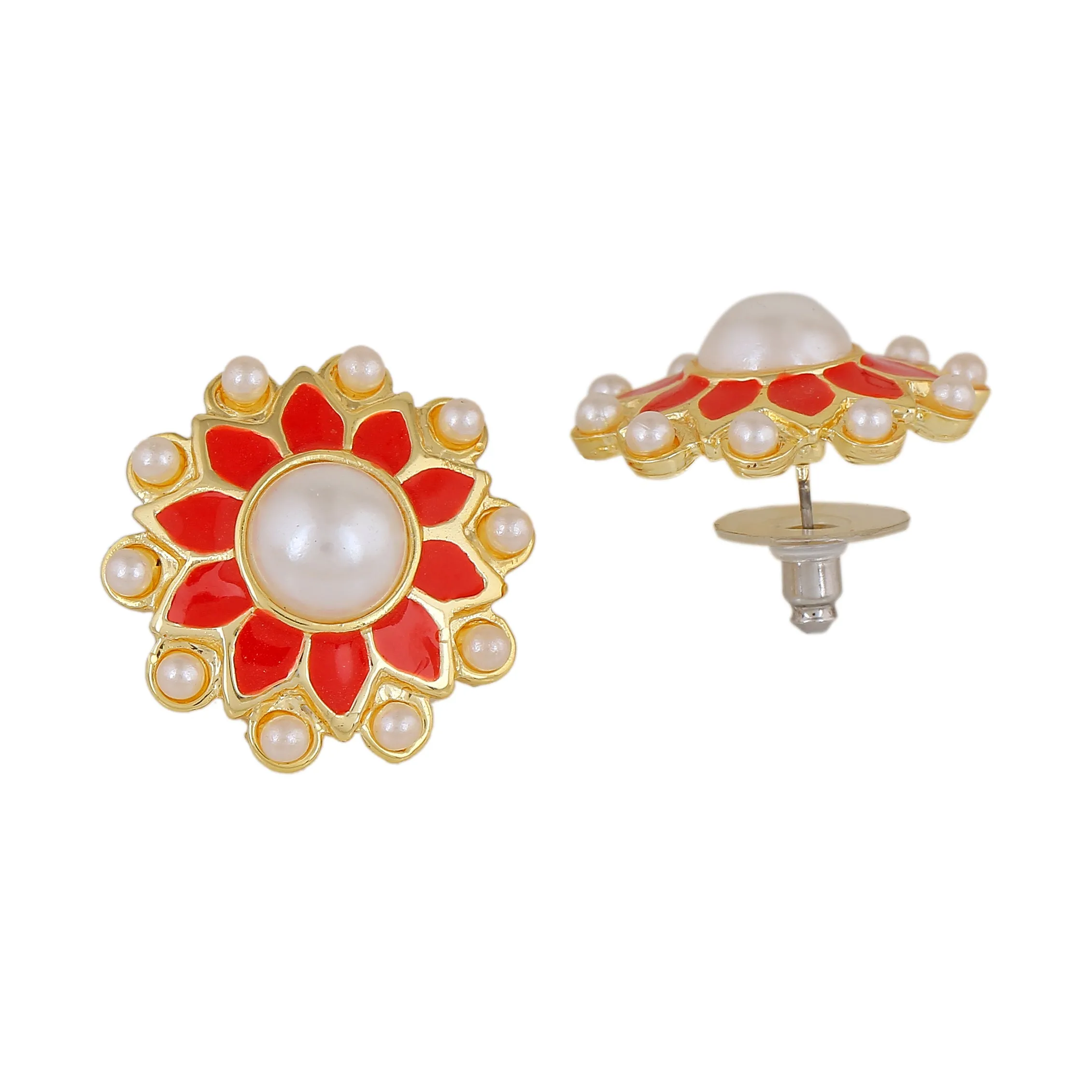 Estele Gold Plated Beautiful Meenakari Pearl Stud Earrings with Red Enamel for Women