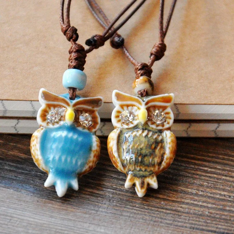 Ethnic style sweater chain, long adjustable ceramic necklace, female owl pendant, accessories, autumn and winter