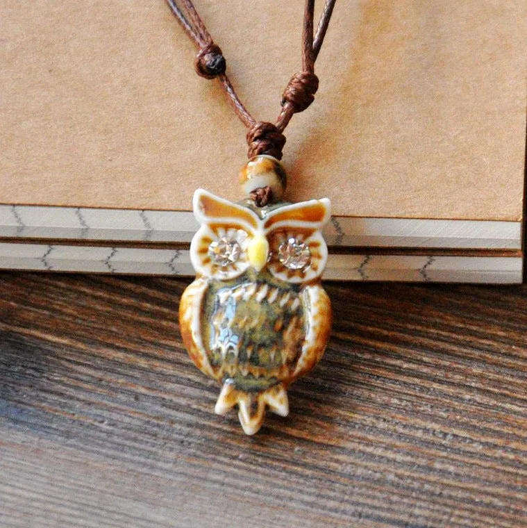 Ethnic style sweater chain, long adjustable ceramic necklace, female owl pendant, accessories, autumn and winter