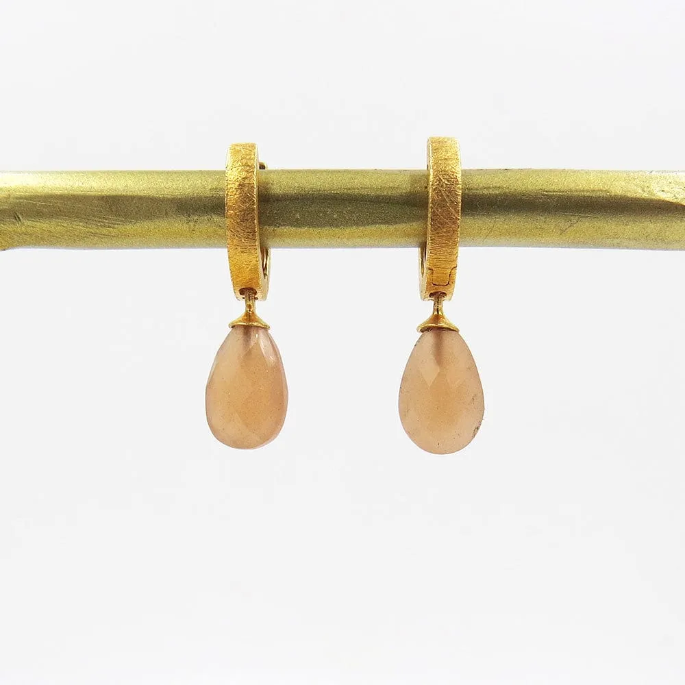 Faceted Peach Moonstone Huggie Hoop Earrings